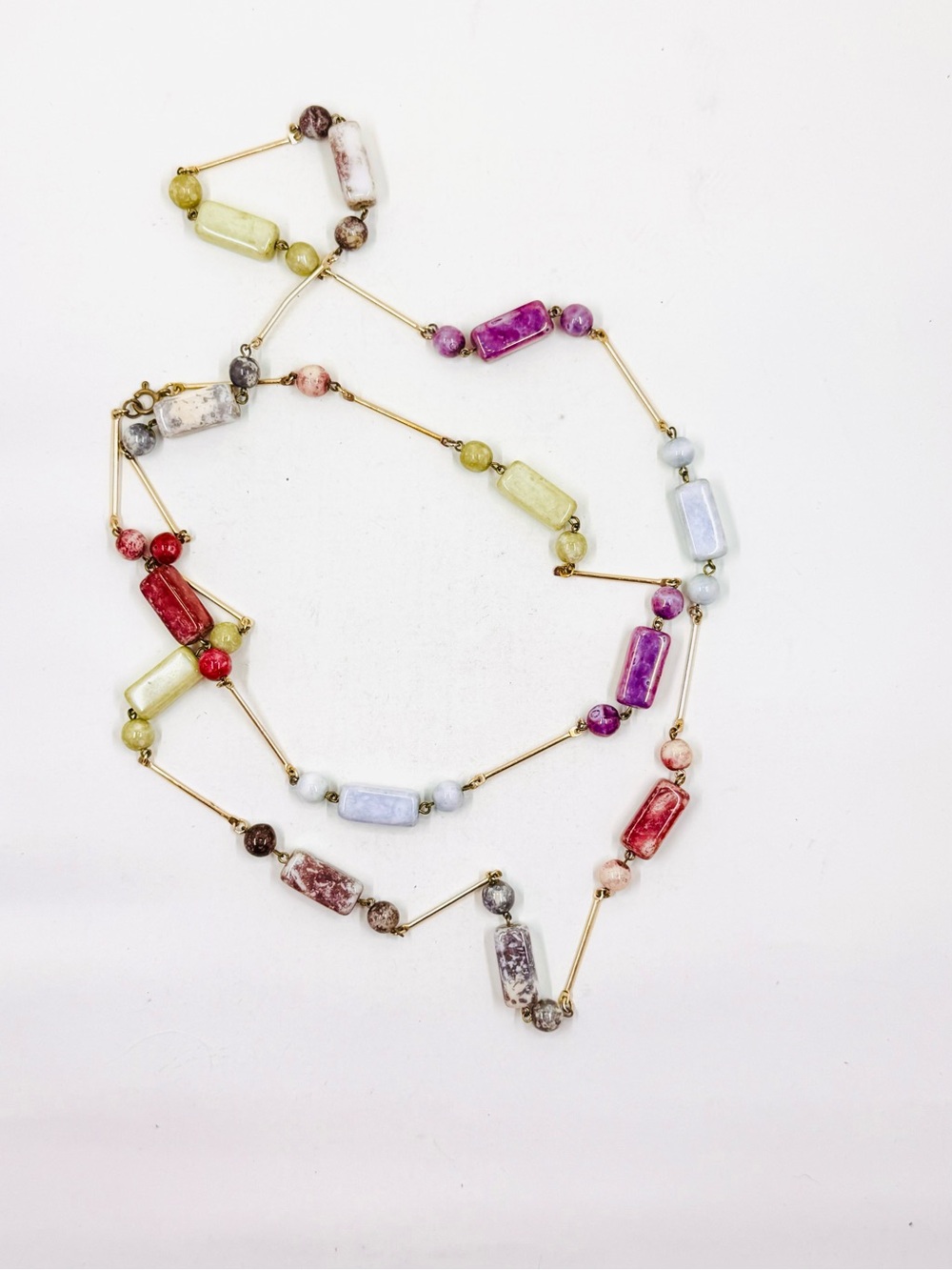Gold Tone & Multicolor Polished Stone Beaded Station Necklace 48”